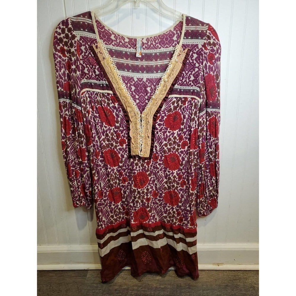 Free People‎ Tunic Pearl Linen Blend sz S Multicolor Floral BOHO Top